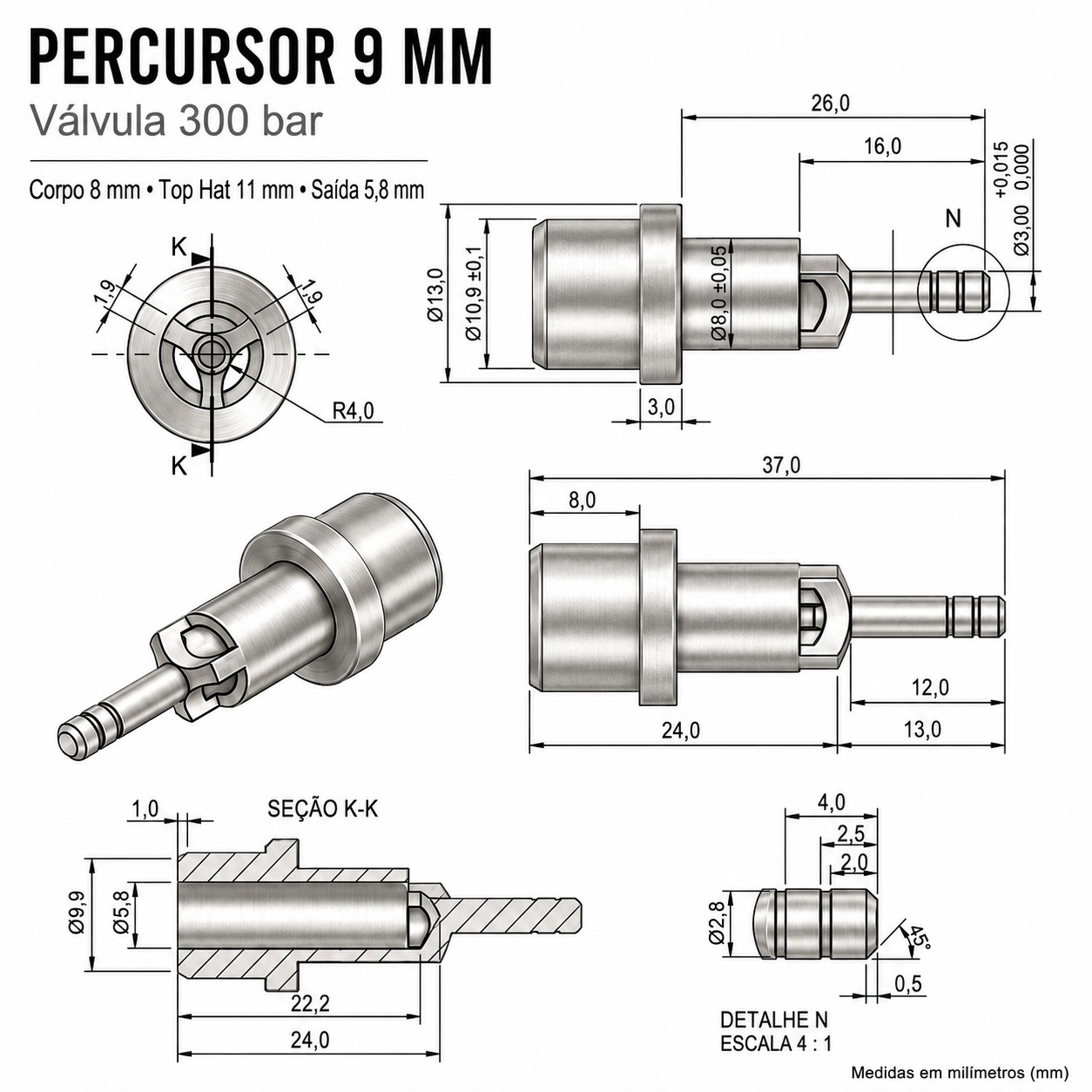Percursor 9mm Inox para Válvula PCP 300 Bar – Top Hat 11mm CO2Brasil - Imagem 2