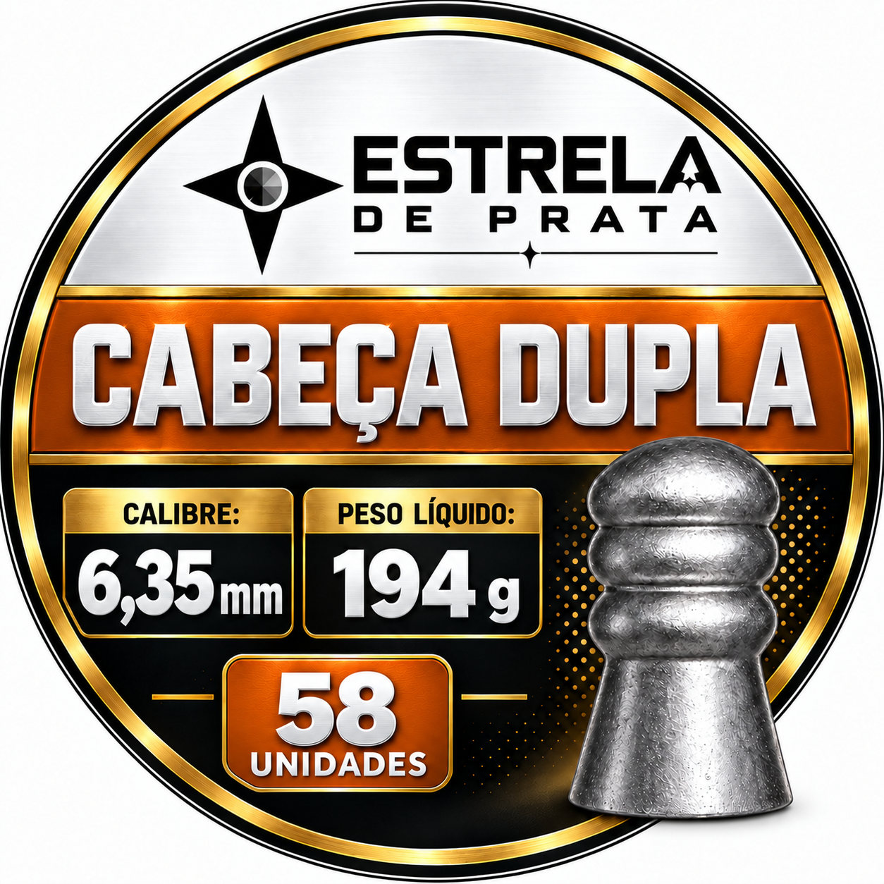 Chumbo Cabeça Dupla 51 grains – lata Estrela de Prata 6,35 mm com 58 unidades